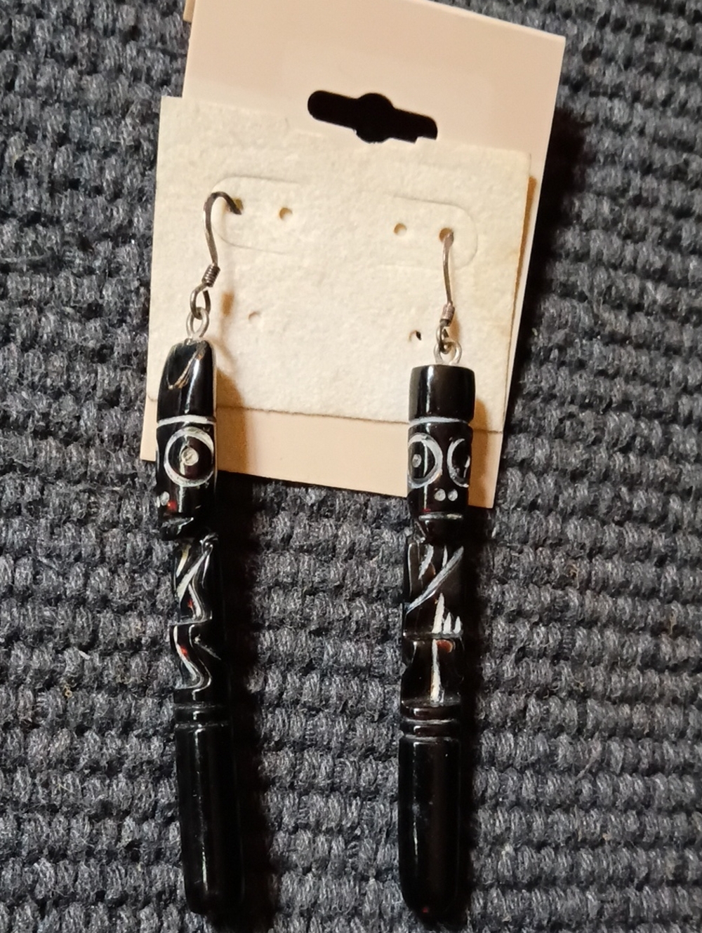 Handcrafted Real Bone Black Carved Tribal Tiki Man Dangle Earrings